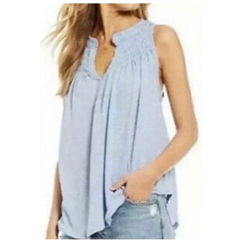 Free People We The Free Sz S Blue Tunic Top Smocked Sleeveless Linen Blend